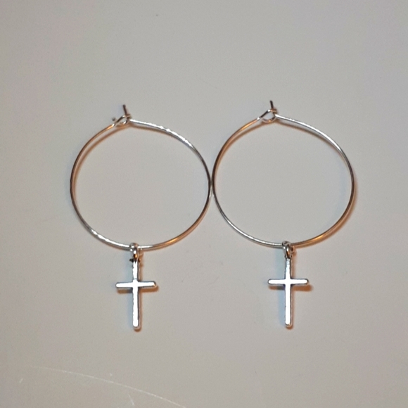Cross hoop Earrings handmade 1 inch silver plated dangle drop hoops nickel free - Picture 1 of 5